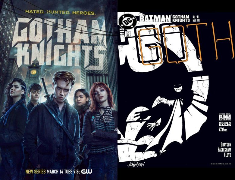 Gotham Knights. Poster of the 2023 TV series and cover of the 2000 comic book, Batman: Gotham Knights
