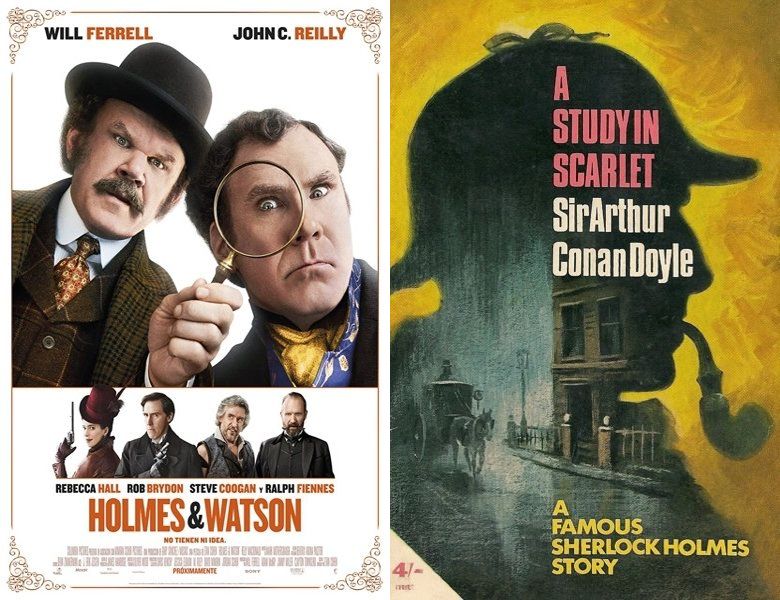 Holmes & Watson. Poster of the 2018 movie and cover of the 1887 book, A Study in Scarlet