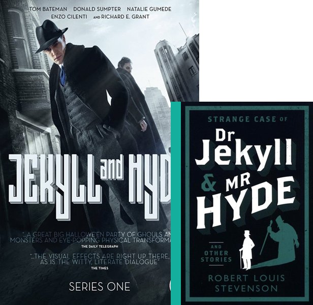 Jekyll and Hyde (2015) TV Mini-Series poster and book cover compared.