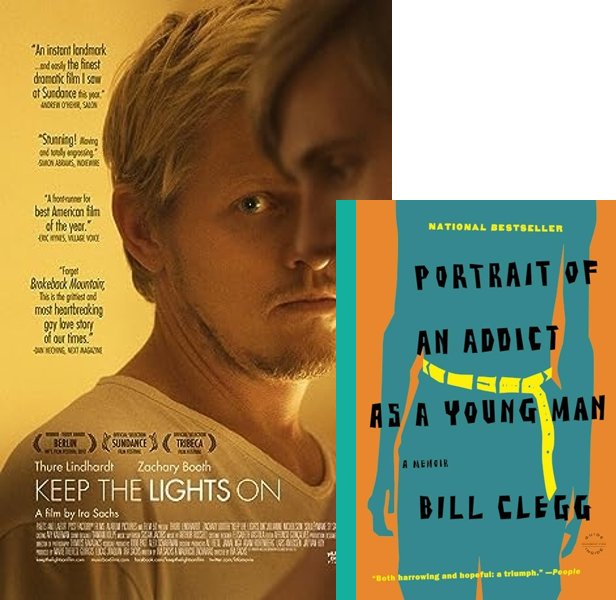 Keep the Lights On (2012) Movie poster and book cover compared.