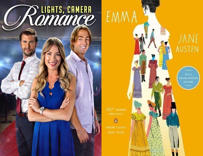 Lights, Camera, Romance. Poster of the 2021 movie and cover of the 1815 book, Emma
