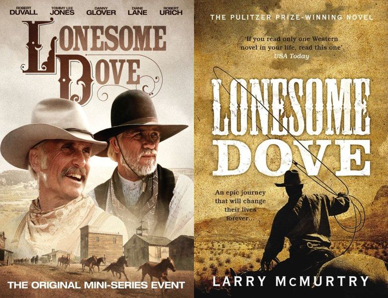 Lonesome Dove. Poster of the 1989 TV series and cover of the 1985 book