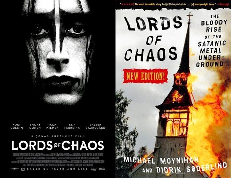 Lords of Chaos. Poster of the 2018 movie and cover of the 1998 book