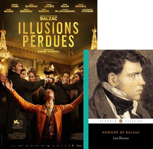 Lost Illusions (2021) Movie poster and book cover compared.