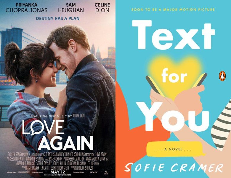 Love Again. Poster of the 2023 movie and cover of the 2009 book, Text for You