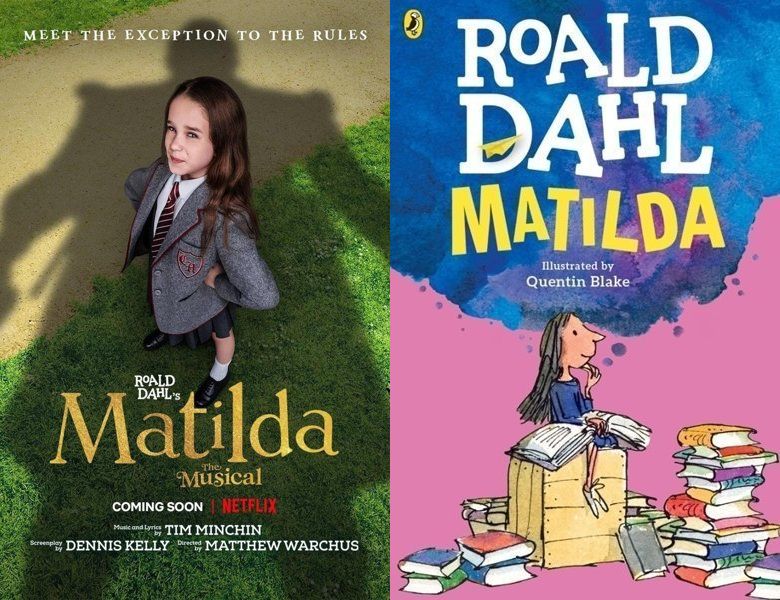 Matilda. Poster of the 2022 movie and cover of the 1988 book