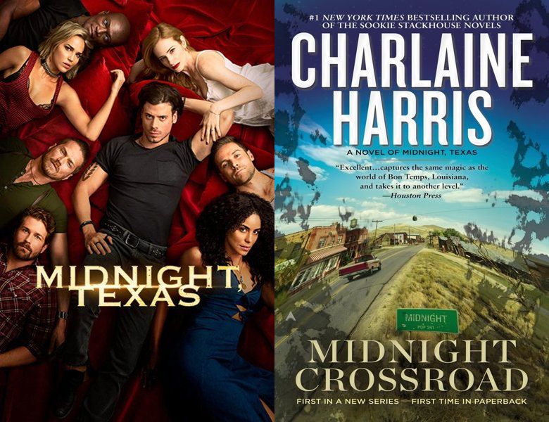 Midnight, Texas. Poster of the 2017 TV series and cover of the 2014 book, Midnight Crossroad