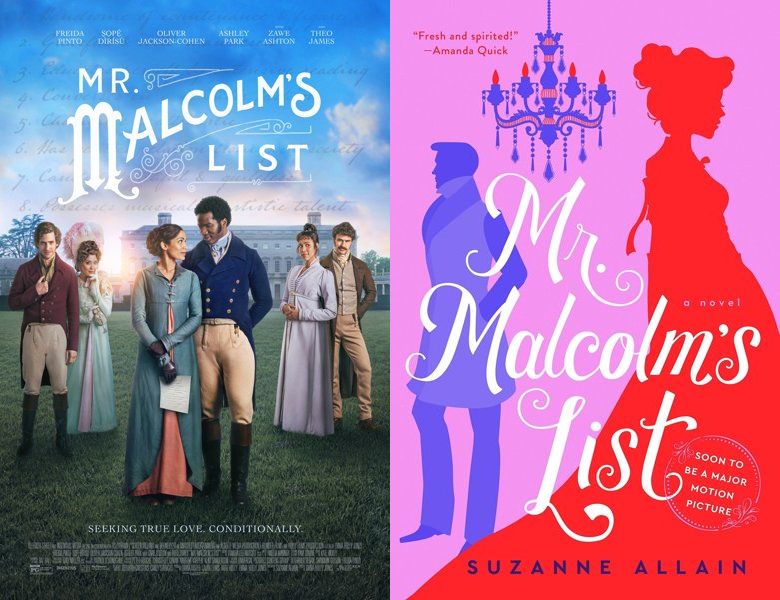 Mr. Malcolm's List. Poster of the 2022 movie and cover of the 2009 book