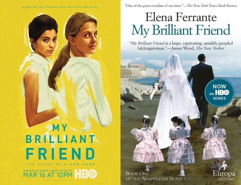 My Brilliant Friend. Poster of the 2018 TV series and cover of the 2011 book