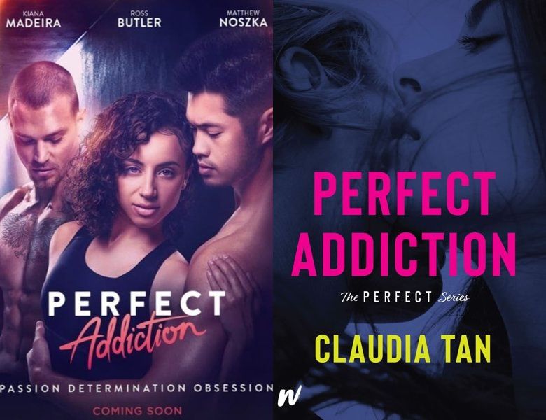 Perfect Addiction. Poster of the 2023 movie and cover of the book book