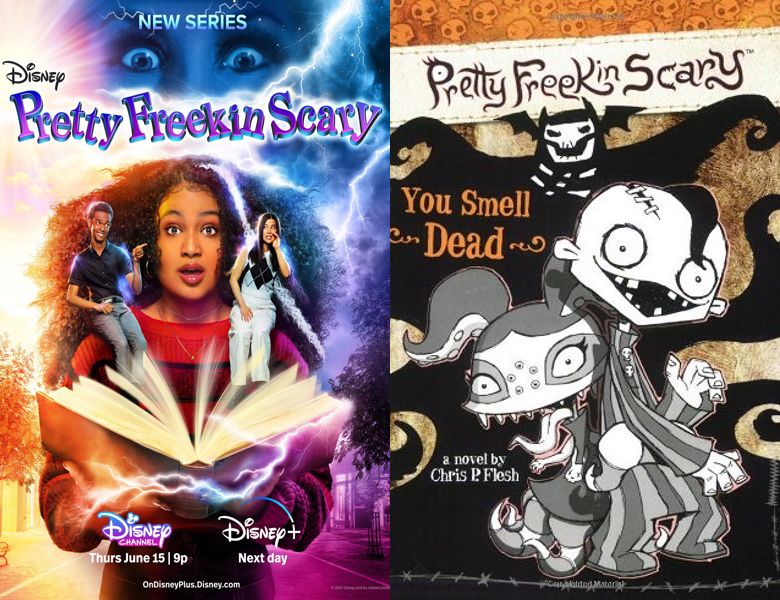 Pretty Freekin Scary. Poster of the 2023 TV series and cover of the 2007 book, You Smell Dead