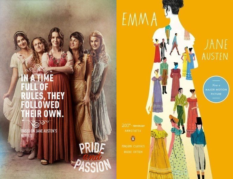 Pride and Passion. Poster of the 2018 TV series and cover of the 1815 book, Emma