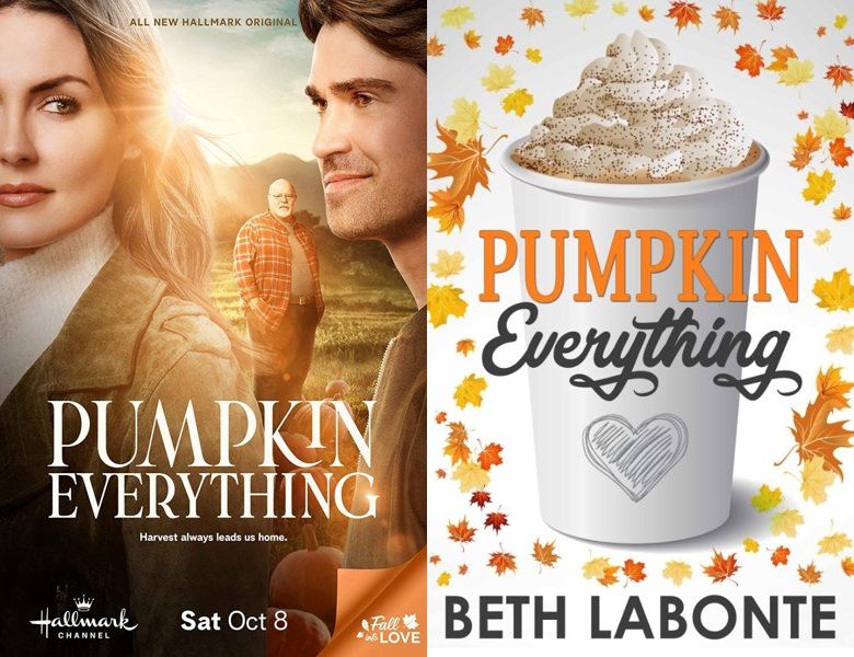 Pumpkin Everything. Poster of the 2022 movie and cover of the 2018 book