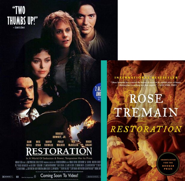 Restoration (1995) Movie poster and book cover compared.