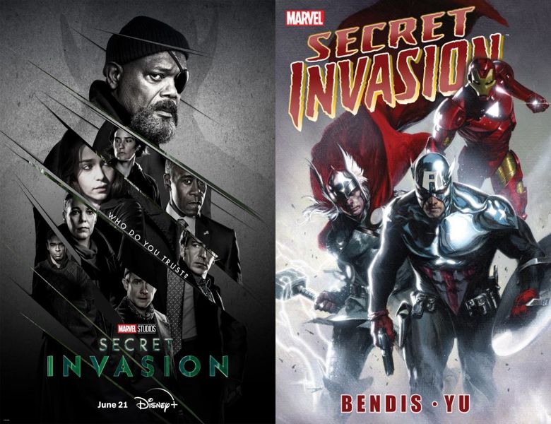 Secret Invasion. Poster of the 2023 TV series and cover of the 2009 comic book