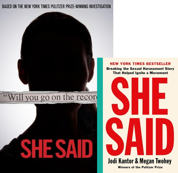She Said (2022) Movie poster and book cover compared.