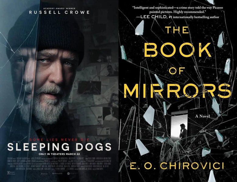 Sleeping Dogs. Poster of the 2024 movie and cover of the 2017 book, The Book of Mirrors