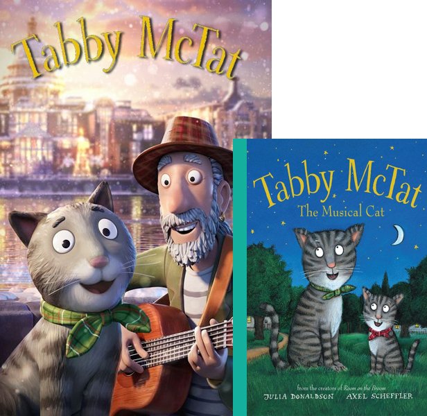 Tabby McTat (2023) Movie poster and book cover compared.