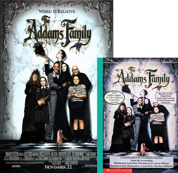The Addams Family (1991) Movie poster and book cover compared.