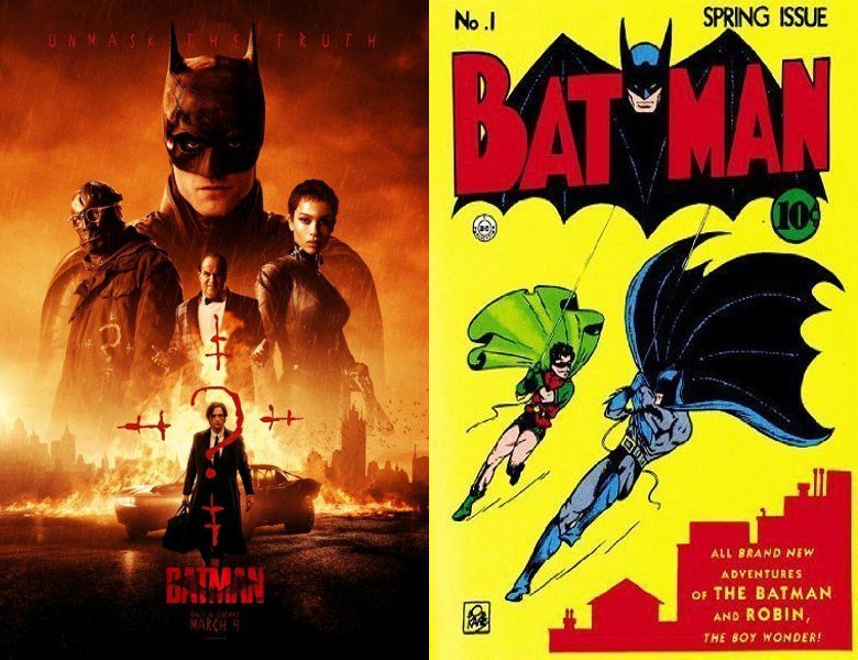 The Batman. Poster of the 2022 movie and cover of the 1940 comic book, Batman