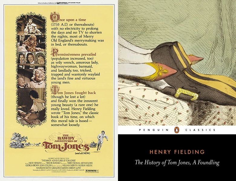 The Bawdy Adventures of Tom Jones. Poster of the 1976 movie and cover of the 1749 book, The History of Tom Jones, a Foundling