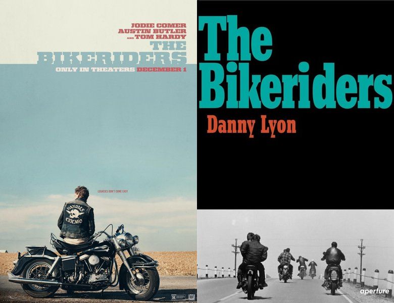 The Bikeriders. Poster of the 2023 movie and cover of the 1997 book