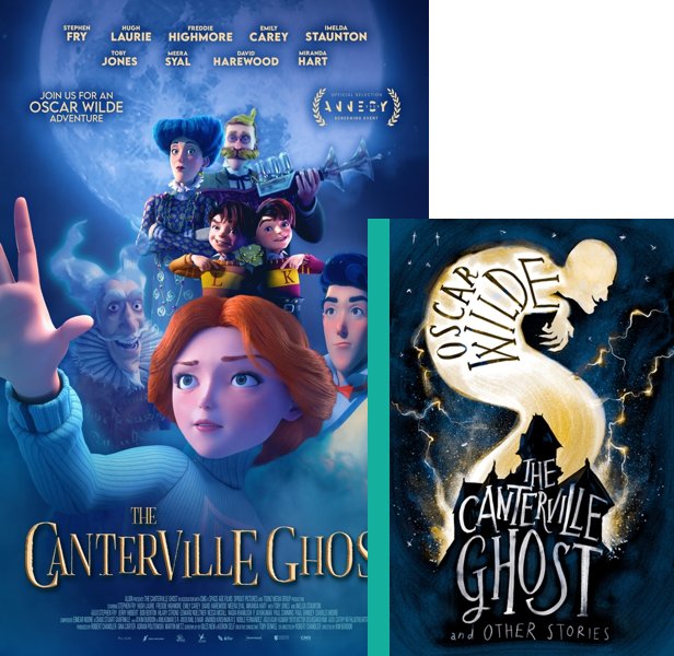 The Canterville Ghost (2023) Movie poster and book cover compared.