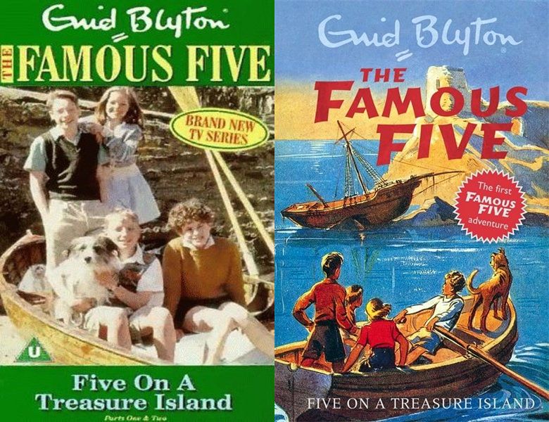 The Famous Five. Poster of the 1995 TV series and cover of the 1942 book, Five on a Treasure Island