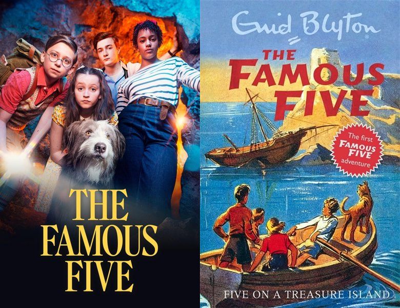 The Famous Five. Poster of the 2024 TV series and cover of the 1942 book, Five on a Treasure Island