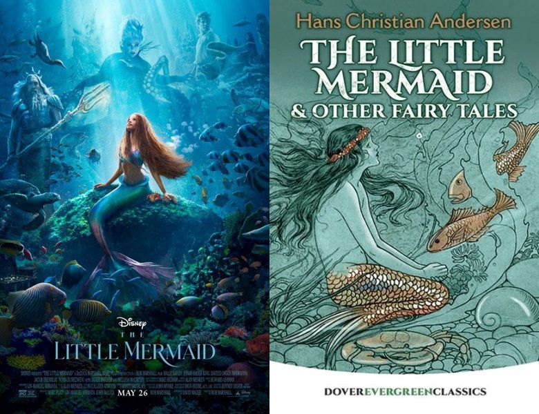 The Little Mermaid. Poster of the 2023 movie and cover of the 1837 book