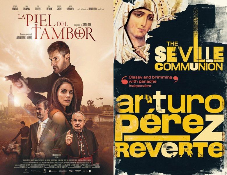 The Man from Rome. Poster of the 2022 movie and cover of the 1995 book, The Seville Communion