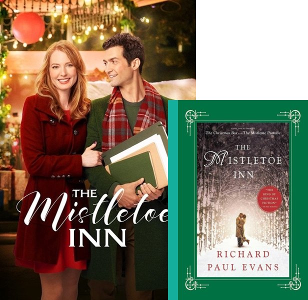 The Mistletoe Inn (2017) Movie poster and book cover compared.