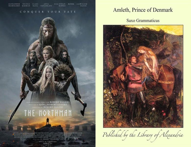 The Northman. Poster of the 2022 movie and cover of the 1983 book, Amleth Prince Of Denmark