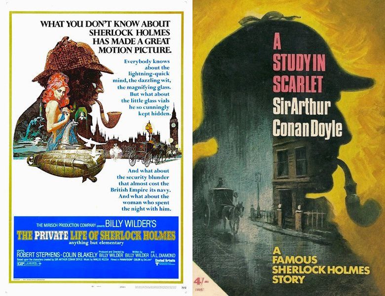 The Private Life of Sherlock Holmes. Poster of the 1970 movie and cover of the 1887 book, A Study in Scarlet