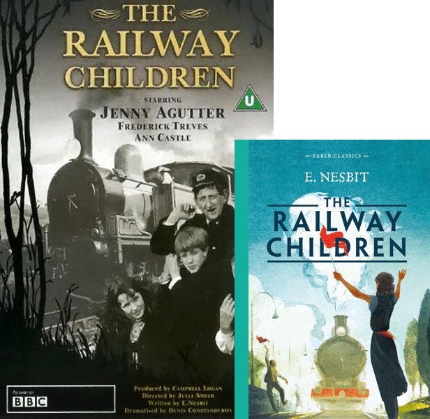 The Railway Children (1968-) TV Mini-Series poster and book cover compared.