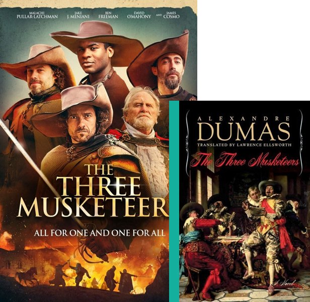 The Three Musketeers (2023) Movie poster and book cover compared.
