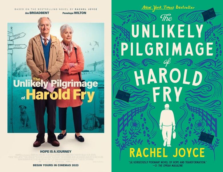 The Unlikely Pilgrimage of Harold Fry. Poster of the 2023 movie and cover of the 2012 book