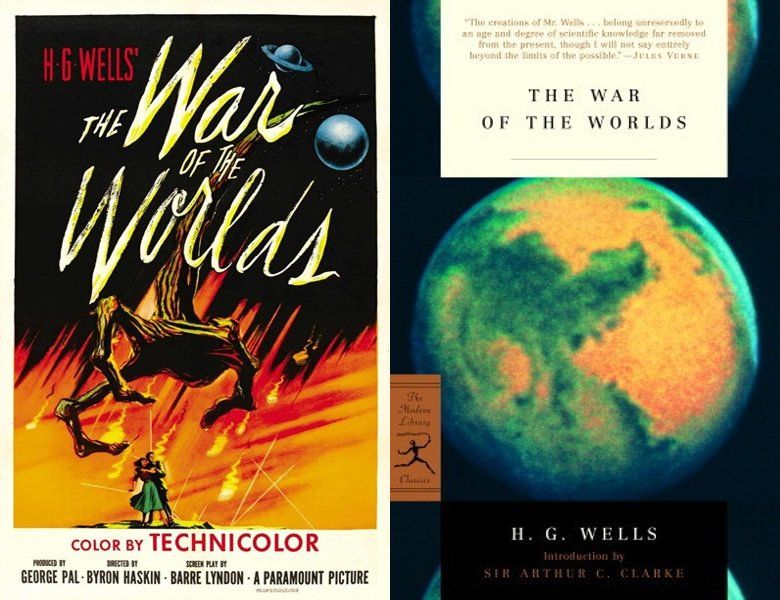 The War of the Worlds. Poster of the 1953 movie and cover of the 1898 book