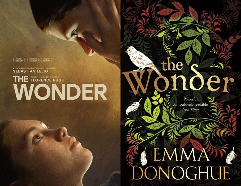 The Wonder. Poster of the 2022 movie and cover of the 2016 book