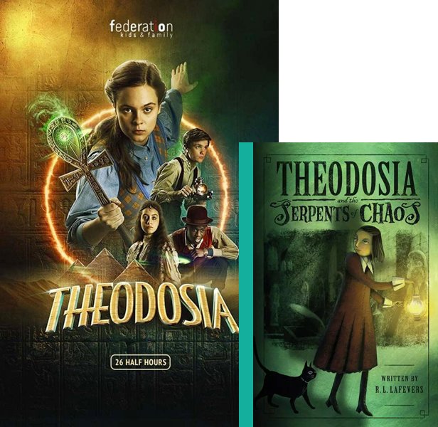 Theodosia (2022-) TV Series poster and book cover compared.