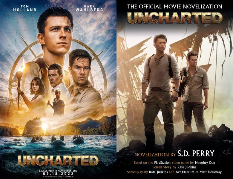 Uncharted. Poster of the 2022 movie and cover of the book novelization