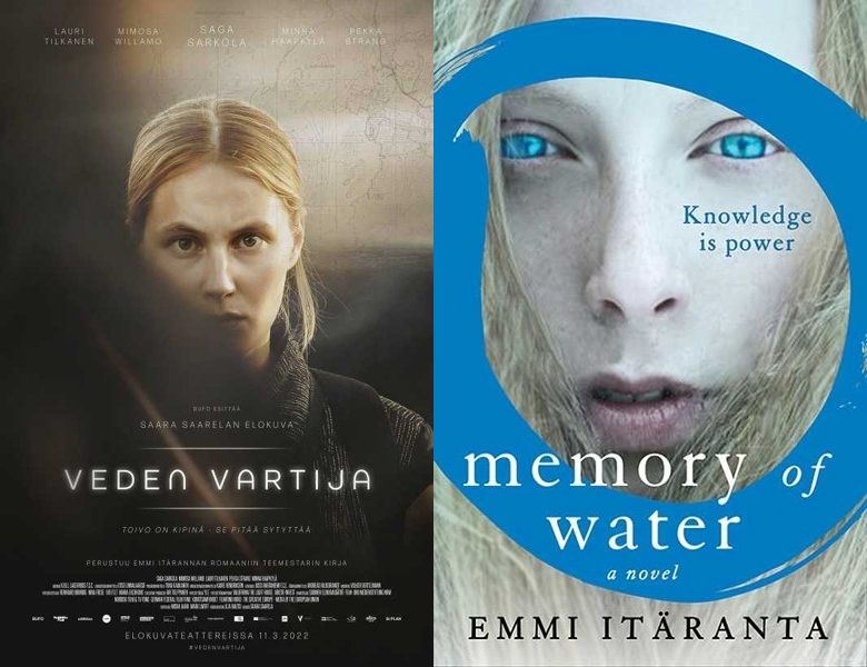 Veden vartija. Poster of the 2022 movie and cover of the 2012 book, Memory of Water