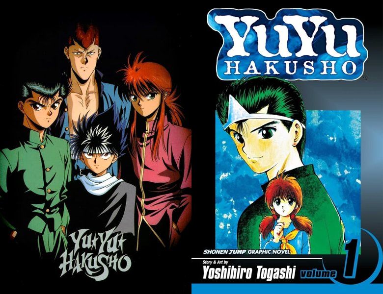 Yu Yu Hakusho. Poster of the 1992 TV series and cover of the 1991 comic book
