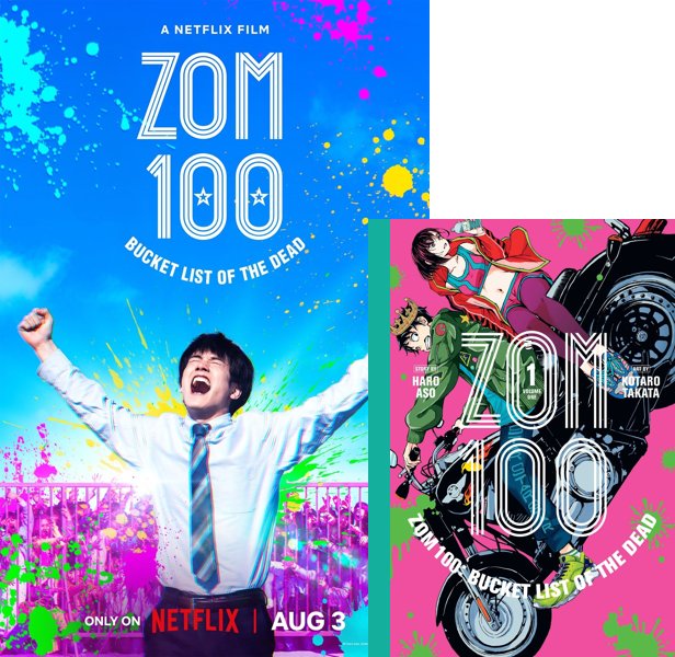Zom 100: Bucket List of the Dead (2023) Movie poster and comic book cover compared.