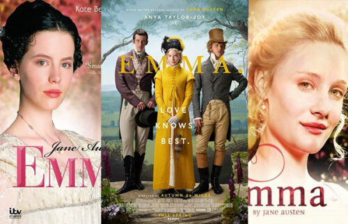 Movie and TV versions of Jane Austen’s 1815 novel Emma. Posters composition.